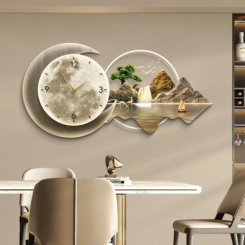 Restaurant Decoration Painting Clock Silent Luxury High Grade Luminous Landscape Mural 