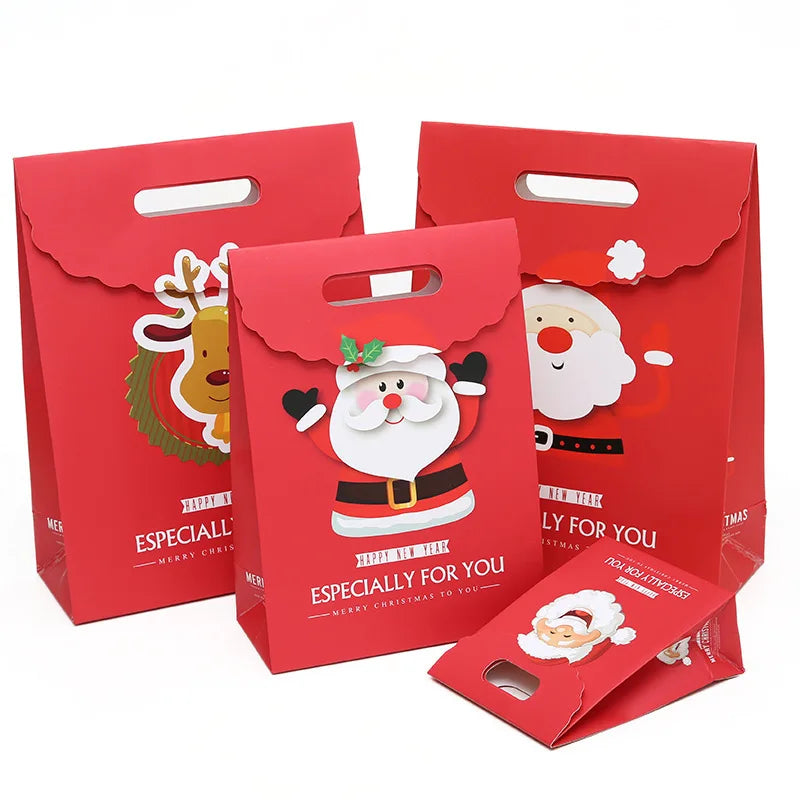 Merry Christmas Gift Bags with Handle Santa Claus Deer Pattern Paperboard Bag Handbag Xmas Candy Cookie Gifts Packaging Bags 