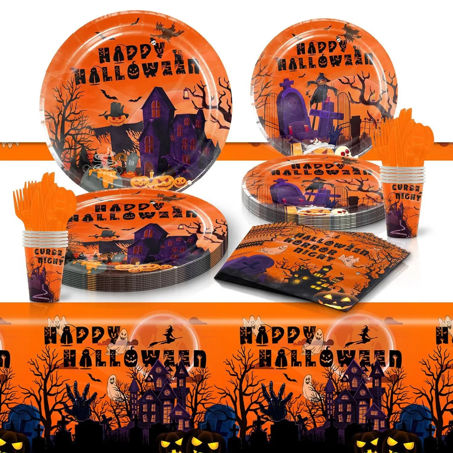 Halloween Party Tableware Set Festive Party Plates Napkins Tablecloth Disposable Tableware 10/12Guests Halloween Decoration