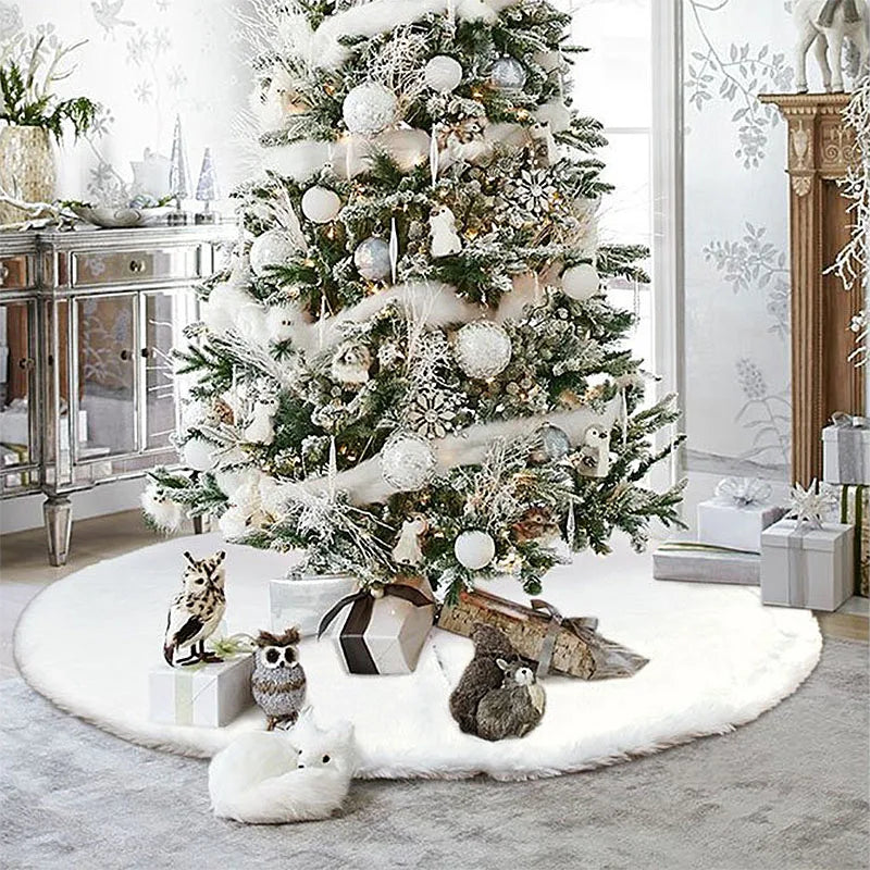 Large Christmas Tree Skirt Ornament White Plush Fur Xmas Tree Base Mat Covers 2023 Merry Christmas Decoration for Home New Year