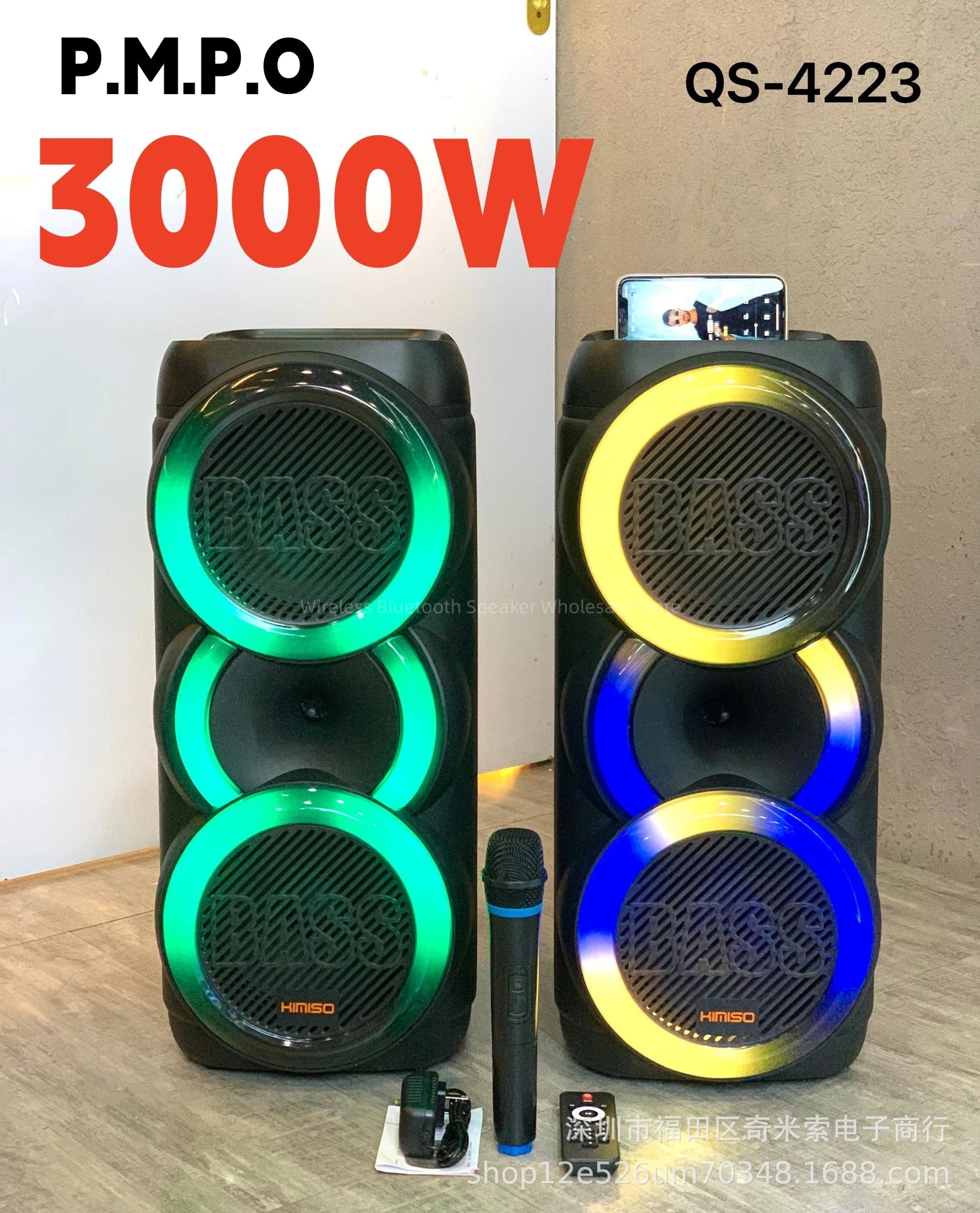 Bluetooth Portable Speaker – 3000W Peak Power, Dual 8-Inch LED Color Lights, Karaoke Outdoor Party Speaker, Wireless Subwoofer