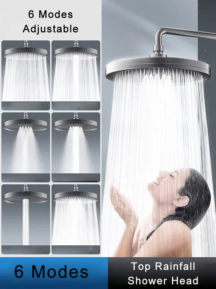 New 6 Modes Big Panel Large Flow Supercharge Rainfall Shower Head High Pressure Top Rain Shower Faucet Bathroom Accessories