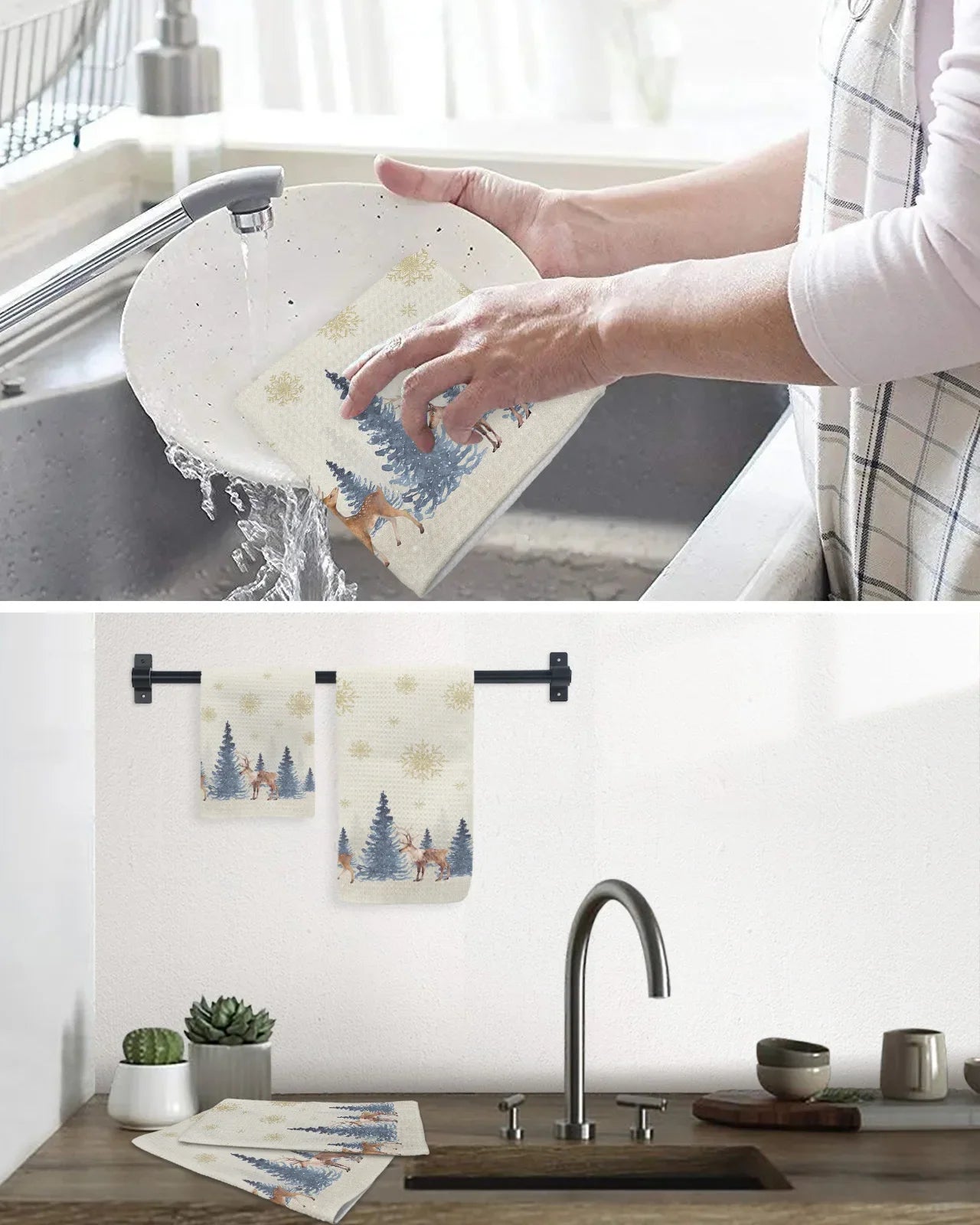 Christmas Winter Tree Snowflake Elk 2/3/4PCS Kitchen Cleaning Cloth Towel Waffle Towel No Trace Dishcloth Rag Scouring Pad 