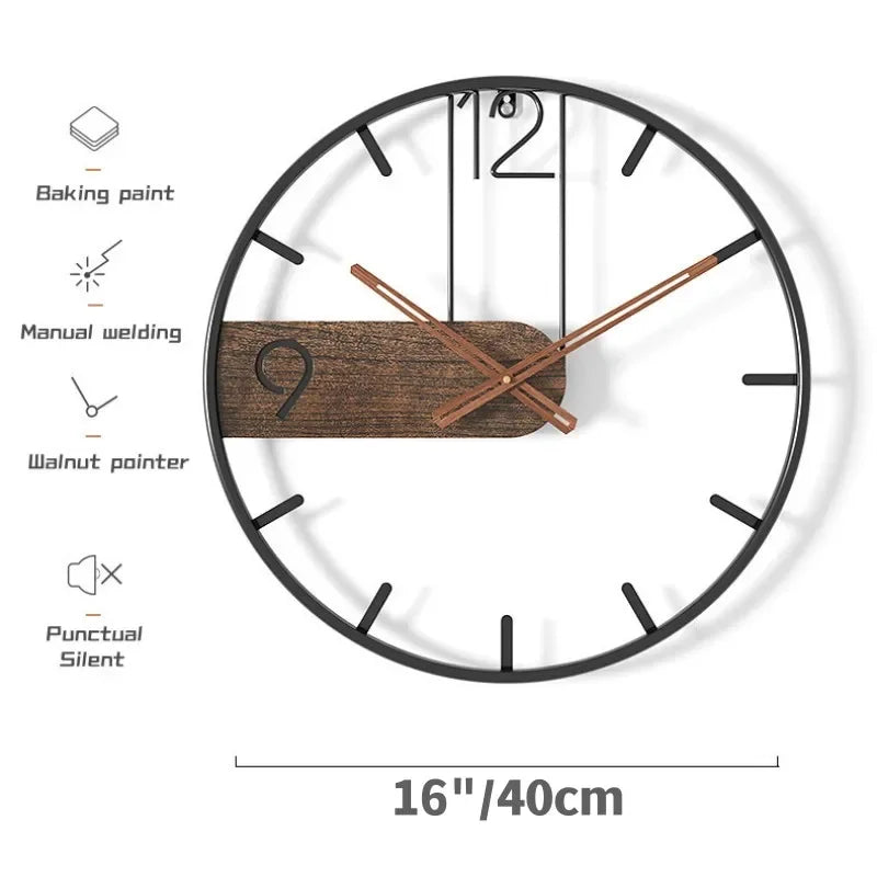 Iron Wall Clock - 3D Nordic Metal Round, Large Size Walnut Pointer Modern Wall Watch for Living Room Decor 