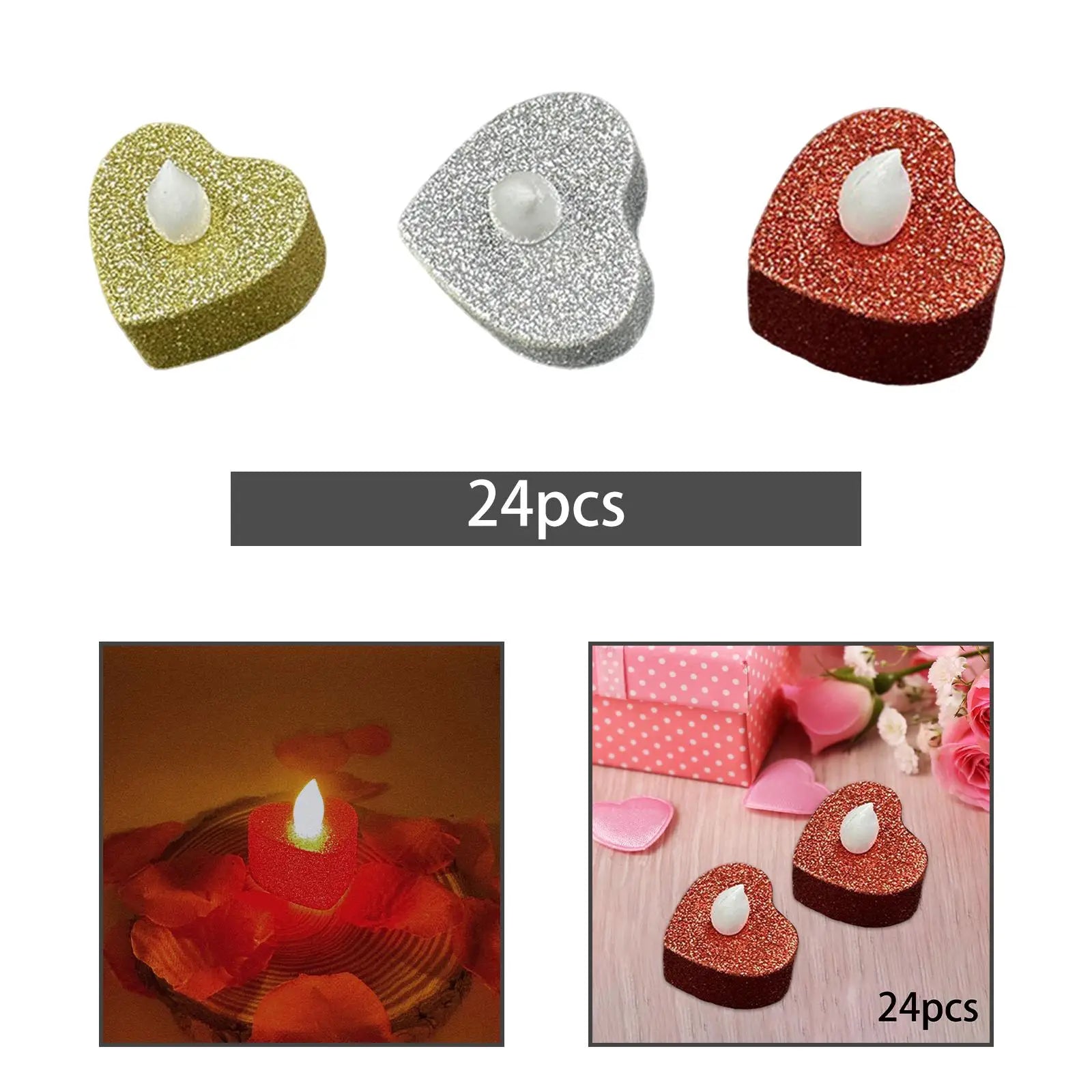 24 Pieces Heart Shape Electronic Flameless Candles 4x4cm Multifunctional Battery Powered for Halloween Christmas Decor Accessory