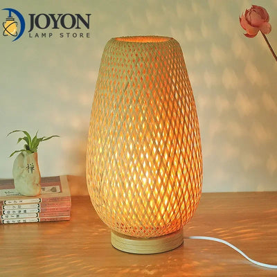 Vintage Bamboo Table Lamp – Handmade Wooden Desk Lamp for Living Room and Bedroom Decoration, Creative Bedside Lamp 