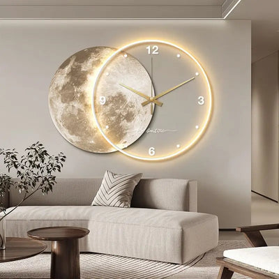 Large Dining Room Living Room Wall Clock Luxury Moon The Earth Modelling LED Light Silent Movement  Bedroom Wall Decoration Gift 