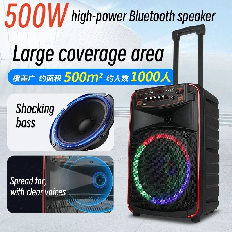 500W High-Power Portable Bluetooth Speaker – Outdoor Karaoke Trolley with Wireless Dual MIC, 3D Surround Sound, Subwoofer