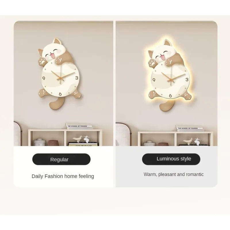 Cream Wind Cat Rocking Wall Clock – Creative Wall Light, Living Room Hanging Wall Clock, Bedroom, Free Punch, Mute Rocking Clock