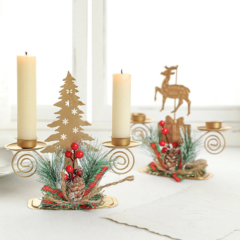 Christmas Gold Iron Candle Holder with Artificial Snowy Pine Needles Reindeer snowflake Candlestick New year xmas table decor