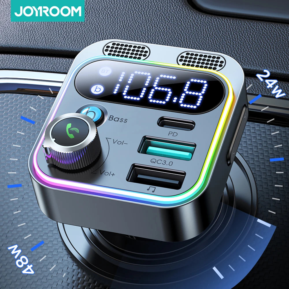 Joyroom Bluetooth 5.3 FM Transmitter for Car with Dual Mics, Deep Bass Sound, and 48W PD & QC3.0 Fast Charger 