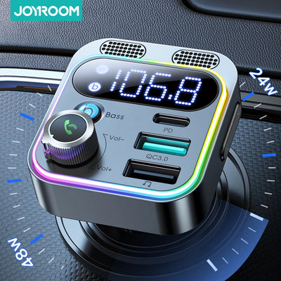 Joyroom Bluetooth 5.3 FM Transmitter for Car with Dual Mics, Deep Bass Sound, and 48W PD & QC3.0 Fast Charger 