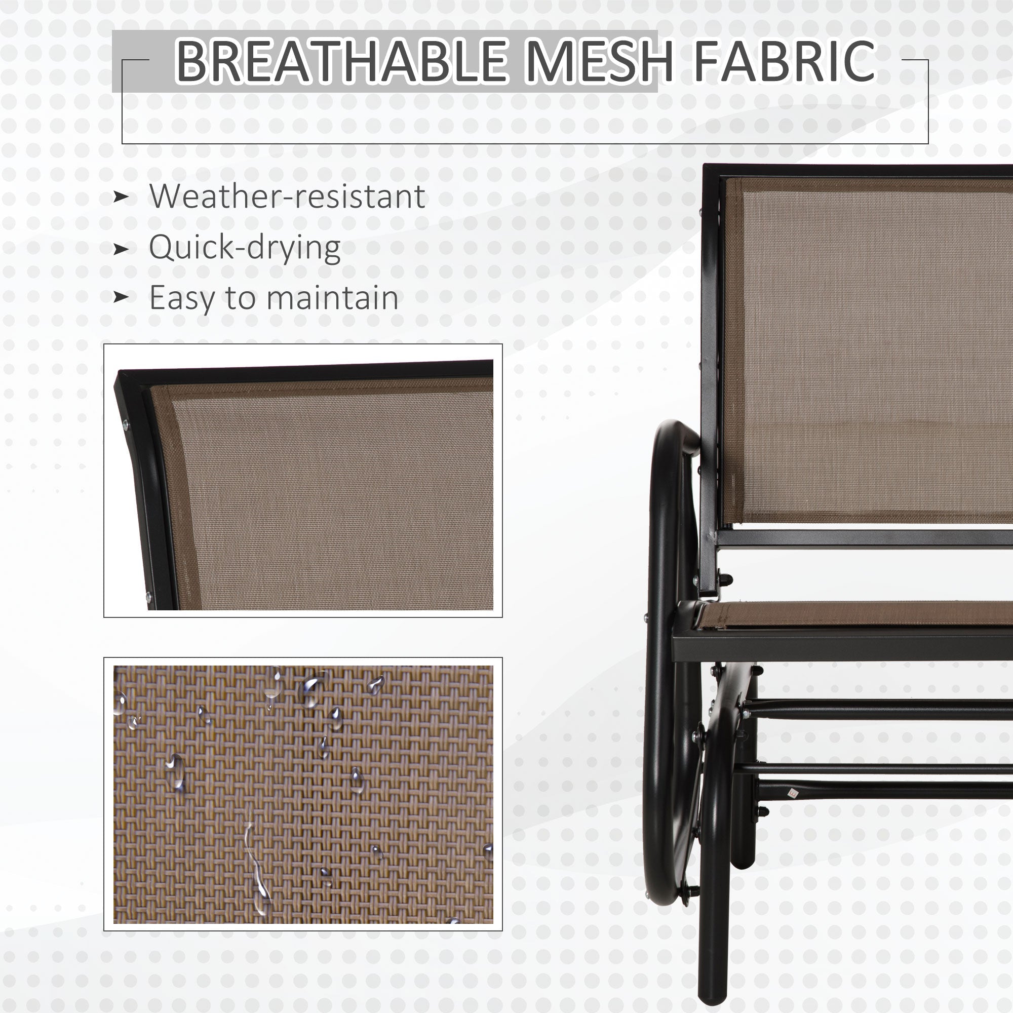 Outsunny Breezy Glider: Steel Frame Outdoor Swing Chair with Breathable Mesh Seat, Backrest, and Curved Rocking Arms, Brown 