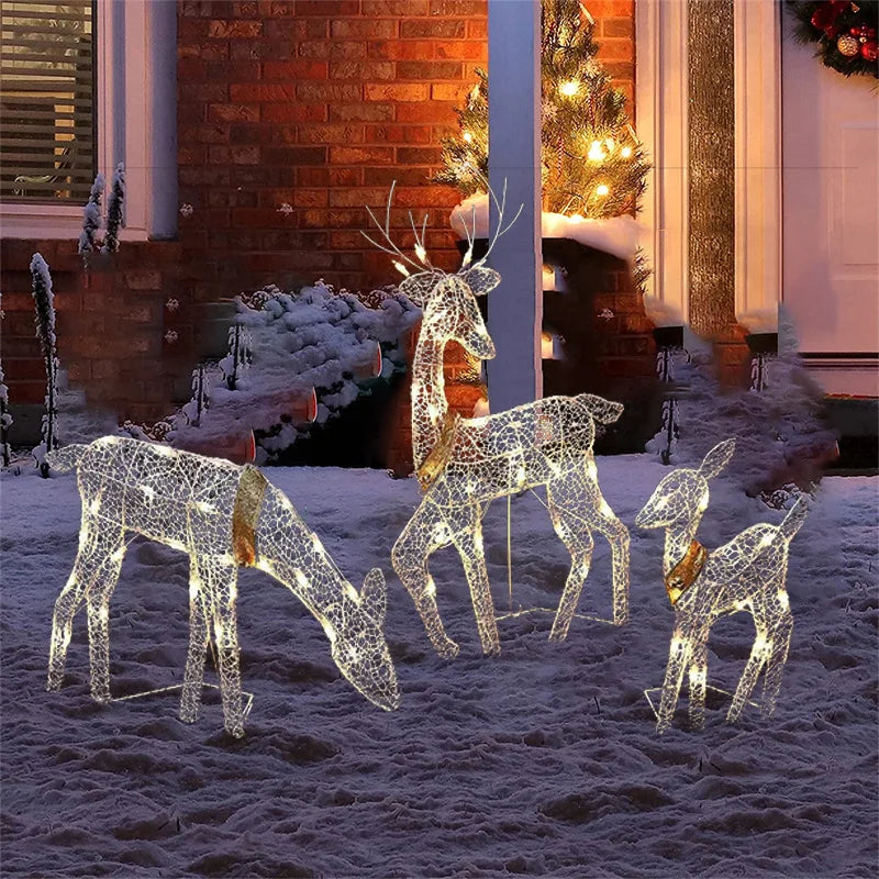 3Pcs Iron Art Elk Deer Christmas Garden Decoration With LED Light Glowing Glitter Reindeer Xmas Home Outdoor Yard Ornament Decor