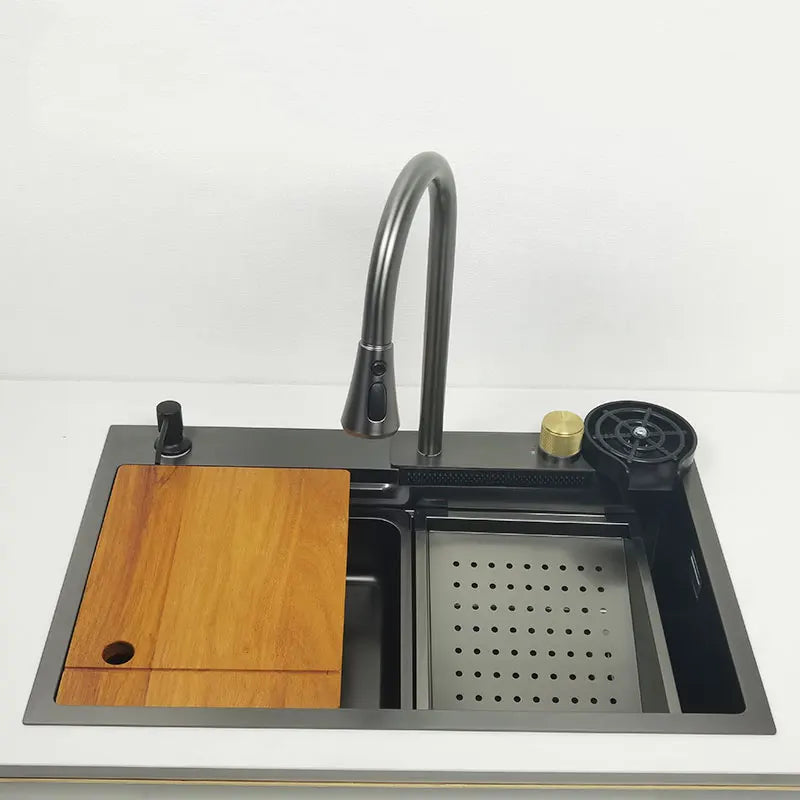 Gun Grey Kitchen Sink with Waterfall Faucet - Nano 304 Stainless Steel, Dark Gray, Topmount Single Bowl with Chopping Board