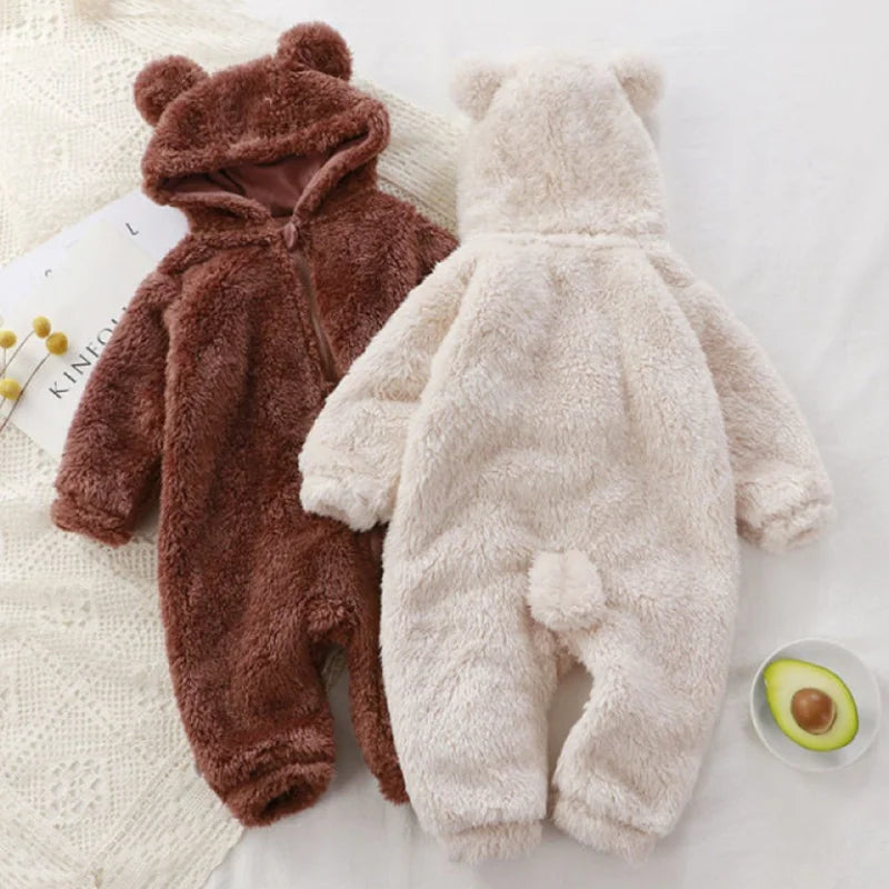 Thick Warm Baby Jumpsuit – Hooded Coral Fleece Bear Shape Infant Pajamas for Winter Newborns