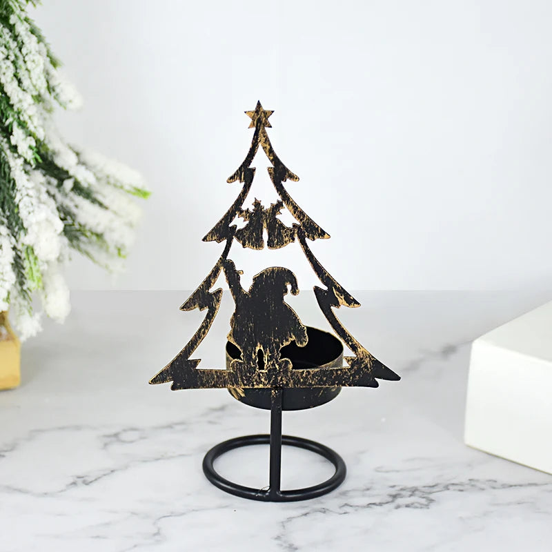 1Pc Christmas Candle Holder Ron Art Hollow Xmas Tree Santa Claus Elk Projection Candlestick Merry Christmas Party Decor Navidad