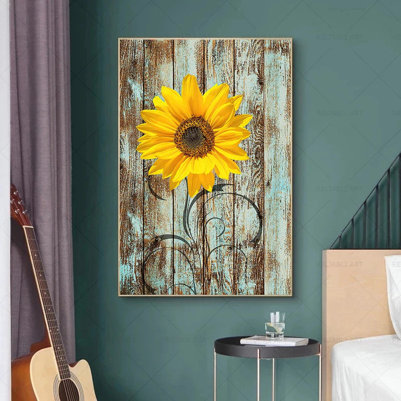 Sunflower on Wood Board Canvas Print - Modern Wall Art for Living Room Decoration (No Frame)