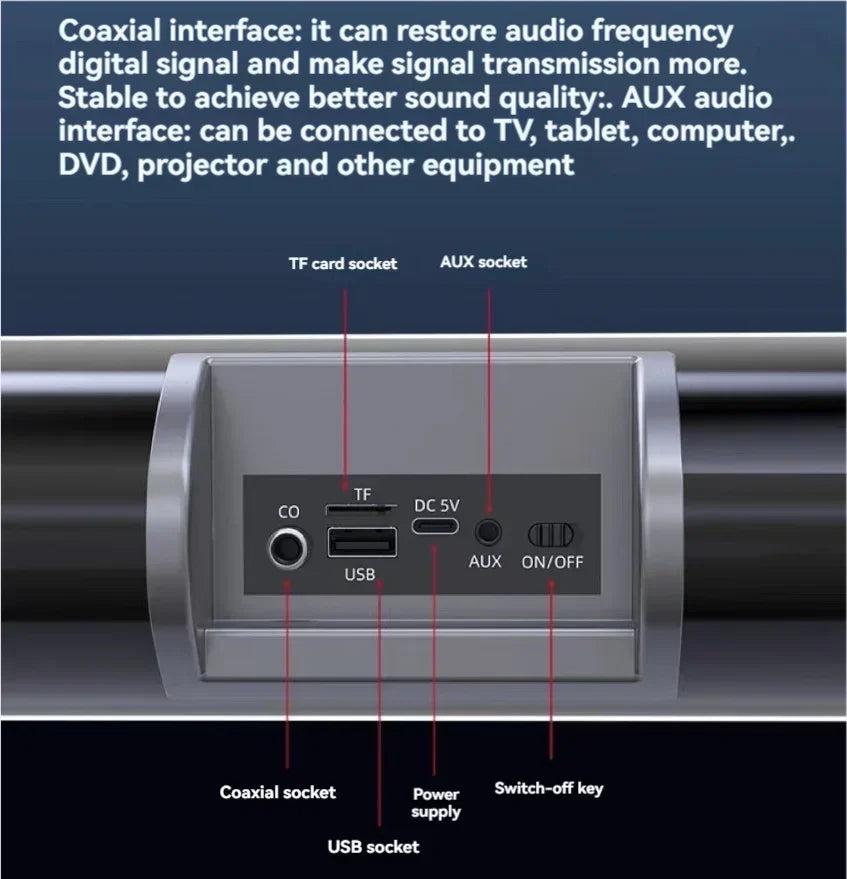 350W High Power Soundbar – Home Theater Bluetooth Speaker, 4 Speakers, 4 Diaphragms, 8 Units, 110cm Long, for PC