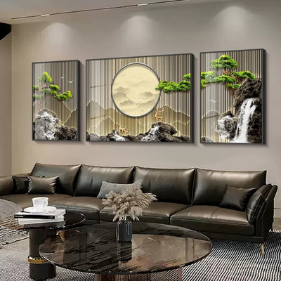 Chinese Art Welcome Pine Landscape Decorative Painting – Wall Decor, Home & Room Aesthetic, No Frame, 3-Piece Set 