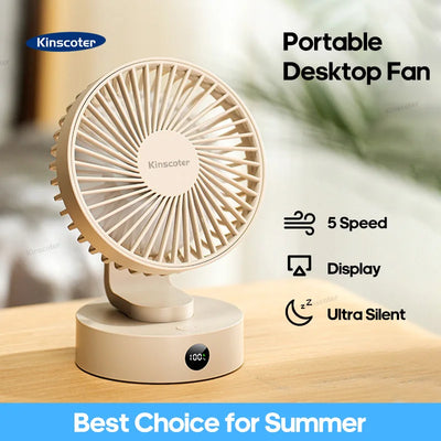 Portable Mini Desktop Fan - Silent High Wind Power, Cordless Rechargeable, 5 Speed Cooler 
