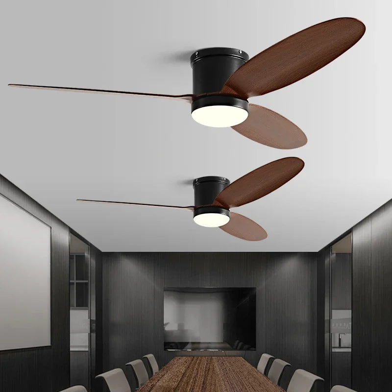 52-Inch Low Floor Ceiling Fan Light – Black DC Motor, Remote Control, LED Lights, Indoor Restaurant, 110V/220V, With Fan Chandelier