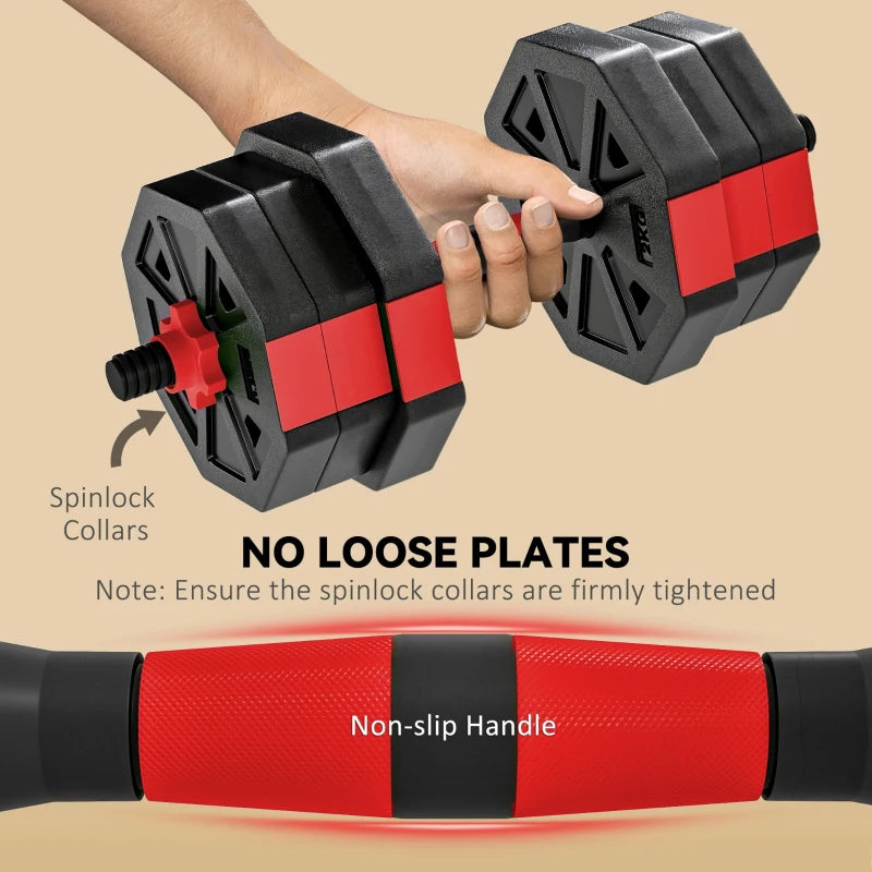 6-in-1 Adjustable Dumbbell Set, 44 lb Free Weights with Kettlebell, Barbell & Push-Up Stand – Red