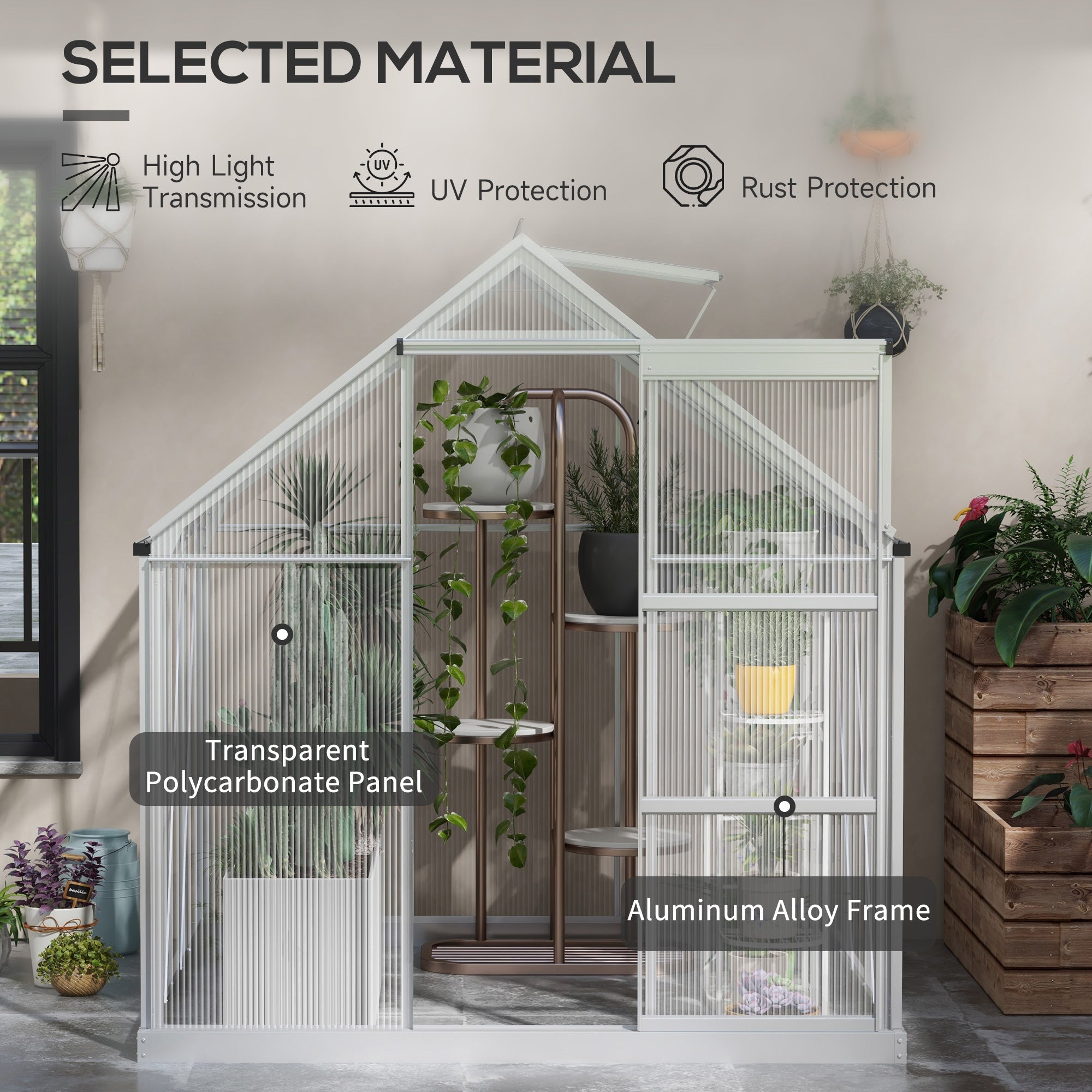 Outsunny Walk-In Greenhouse 6' x 6' Polycarbonate Aluminium Frame Sliding Door Window Foundation Silver 