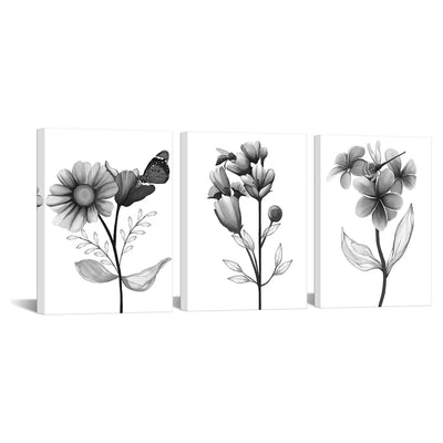 3-Piece Set Black and White Flower Canvas Wall Art – Framed Brown Flower Painting, Transparent 