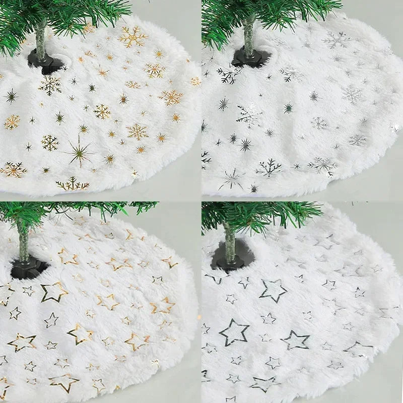 38CM Plush Christmas Tree Skirt White Snowflakes Faux Fur Xmas Trees Skirts Base Cover New Year Navidad Party Decoration Carpet