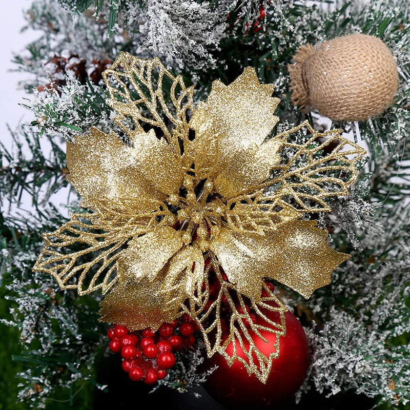 (10pcs) Artificial Christmas Tree Flower Glitter Decorations Xmas Ornaments New Year Gift 