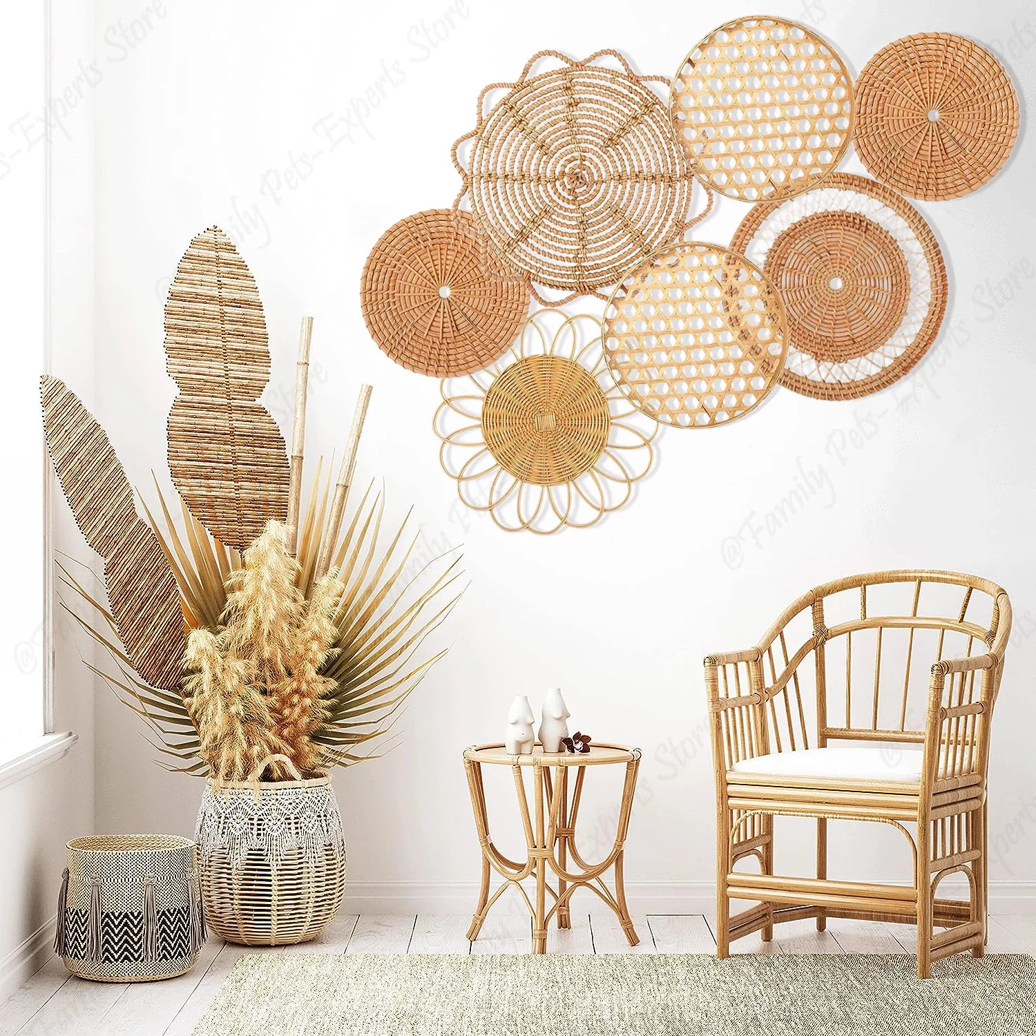 7Pcs Boho Rattan Wall Decor Hanging Woven Baskets Decor Bohemian Home Decor Handmade Wicker Wall Decor for Bedroom Farmhouse 