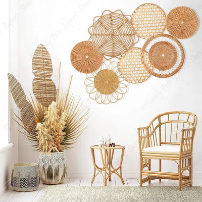 7Pcs Boho Rattan Wall Decor Hanging Woven Baskets Decor Bohemian Home Decor Handmade Wicker Wall Decor for Bedroom Farmhouse 