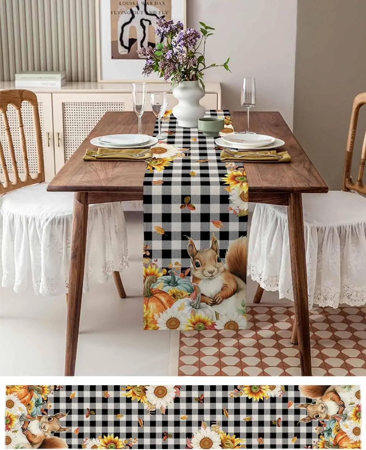 Autumn Fox Squirrel Maple Leaf Linen Table Runner Fall Dresser Scarf Kitchen Dining Table Decor Washable Thanksgiving Decoration