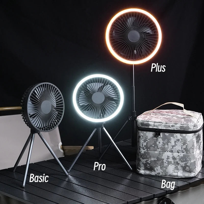 10,000mAh Rechargeable Camping Fan – Portable Desktop Air Circulator with Wireless Ceiling Function, Power Bank, & LED Lighting