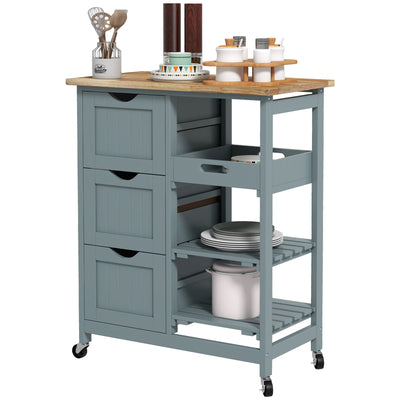 HOMCOM Grey Rolling Utility Cart: Kitchen Island on Wheels with Wood Top, 3 Drawers & Shelves for Dining Rooms 