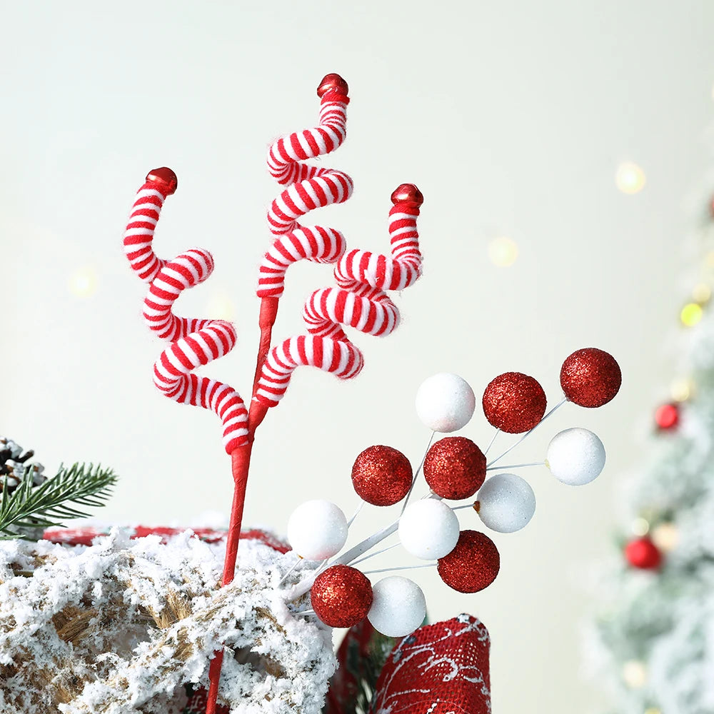 1pc Red White Ball Bouquet Striped Wool Branches Christmas Ornaments Home Cuttings New Year Gifts Christmas Decoration Navidad