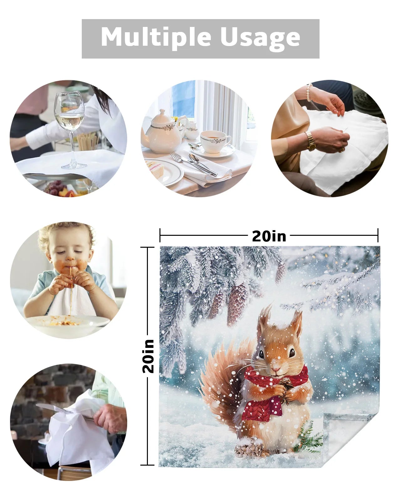 Winter Snow Pine Cone Squirrel Table Napkins Cloth Set Handkerchief Wedding Party Placemat Xmas Banquet Tea Napkins 