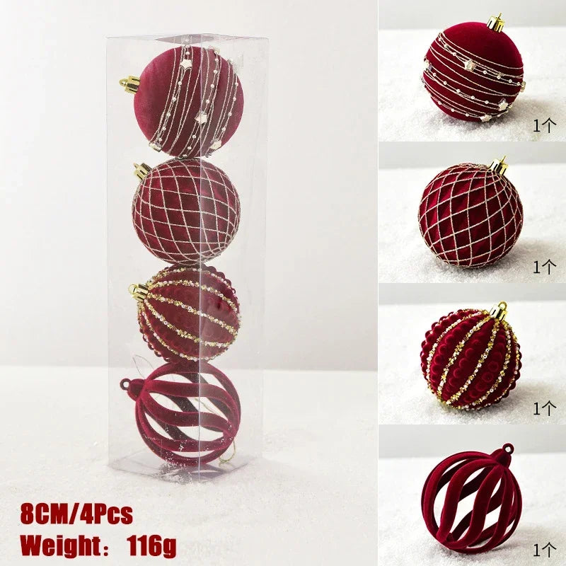 6/8cm Christmas Balls Ornaments Wine Red/Green/White Flocking Christmas Tree Party Decoration New Year Christmas Spheres 2024