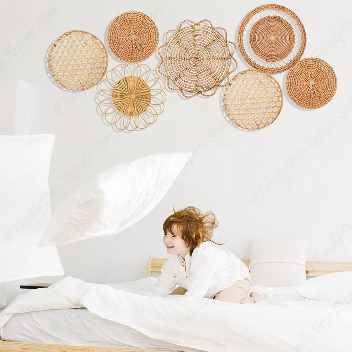 7Pcs Boho Rattan Wall Decor Hanging Woven Baskets Decor Bohemian Home Decor Handmade Wicker Wall Decor for Bedroom Farmhouse 
