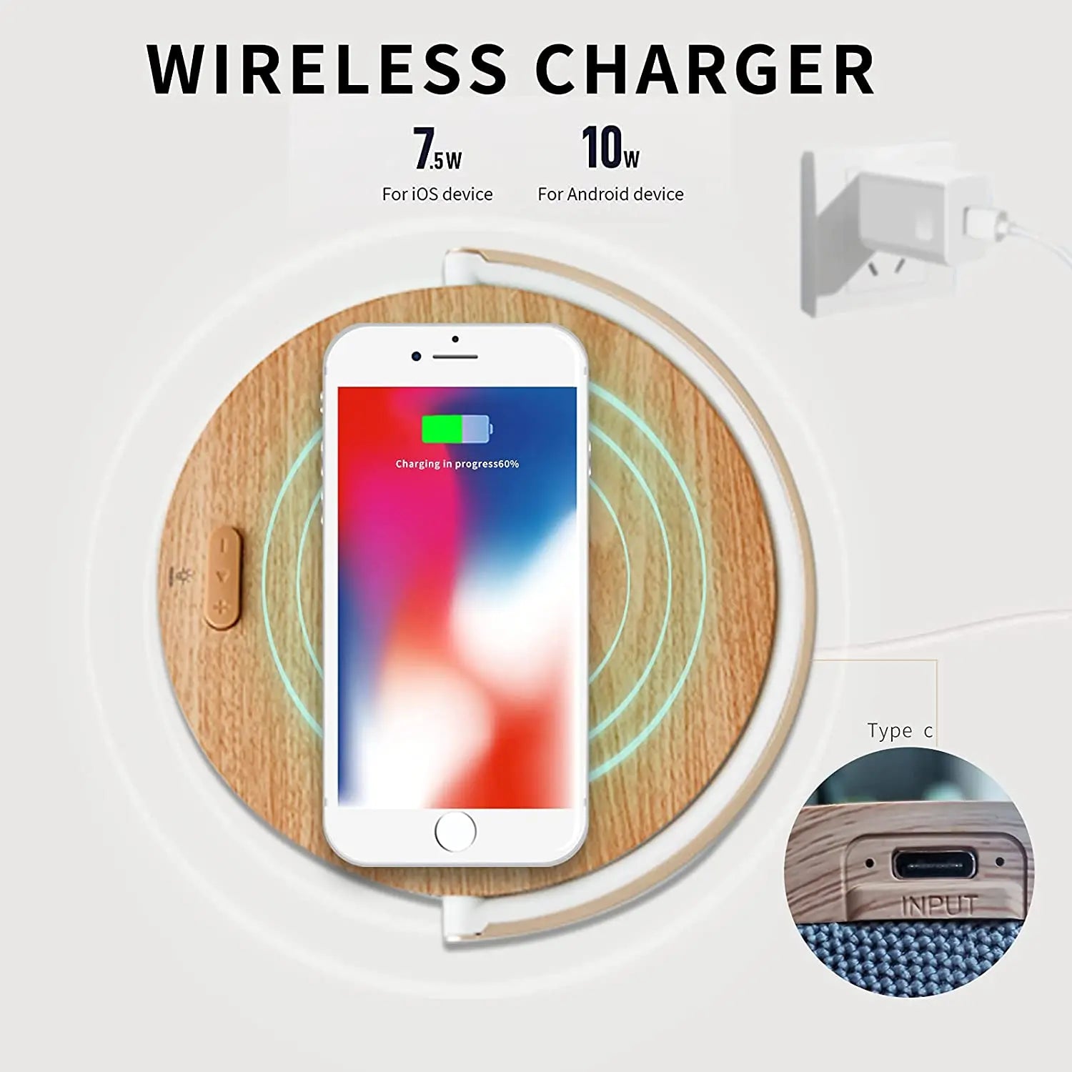 S21 Pro Wood Wireless Charger with LED Lamp and Bluetooth Speaker – 15W High Power Fast Charging for iPhone 14 