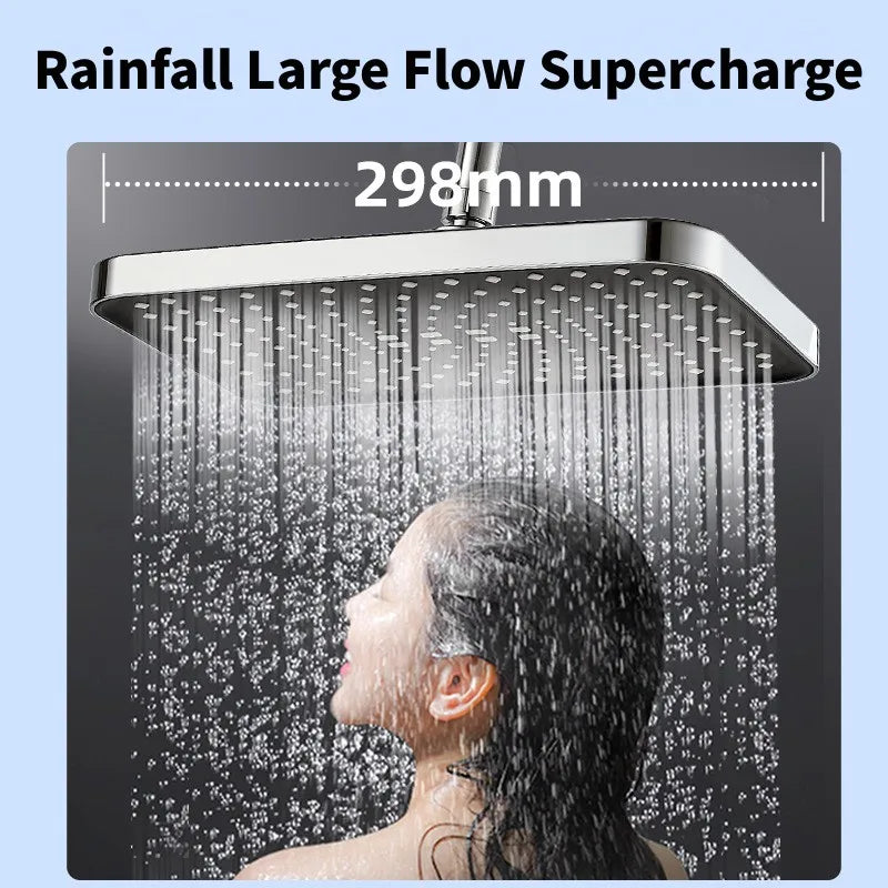 Rainfall Shower Head Big Panel Large Flow Supercharge Ceiling Mounted Showerhead 360 Rotation High Pressure ABS Bathroom Faucet 