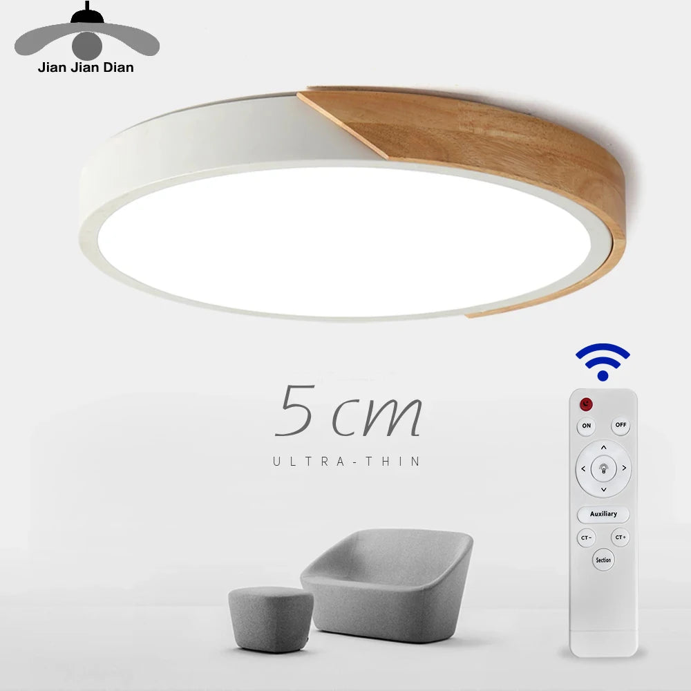 LED Surface Mount Ceiling Light - Modern Ultra Thin Wood Lamp Fixture with Remote Control, Ideal for Living Room, Home Decor, and Balcony