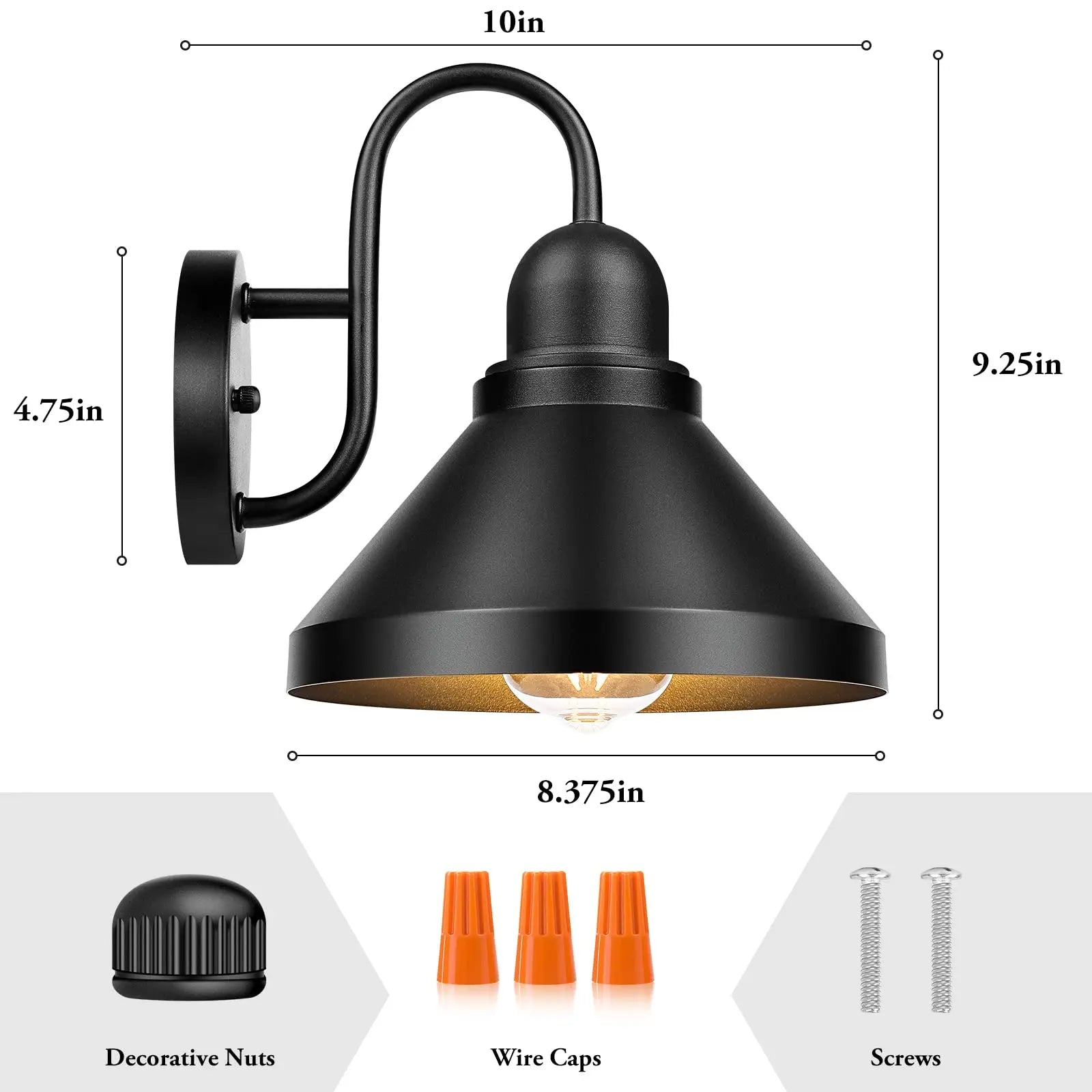 Gooseneck Outdoor Light Fixtures - 2-Pack Farmhouse Barn Lights for Porch, Industrial Black Wall Sconce, E26 Base 
