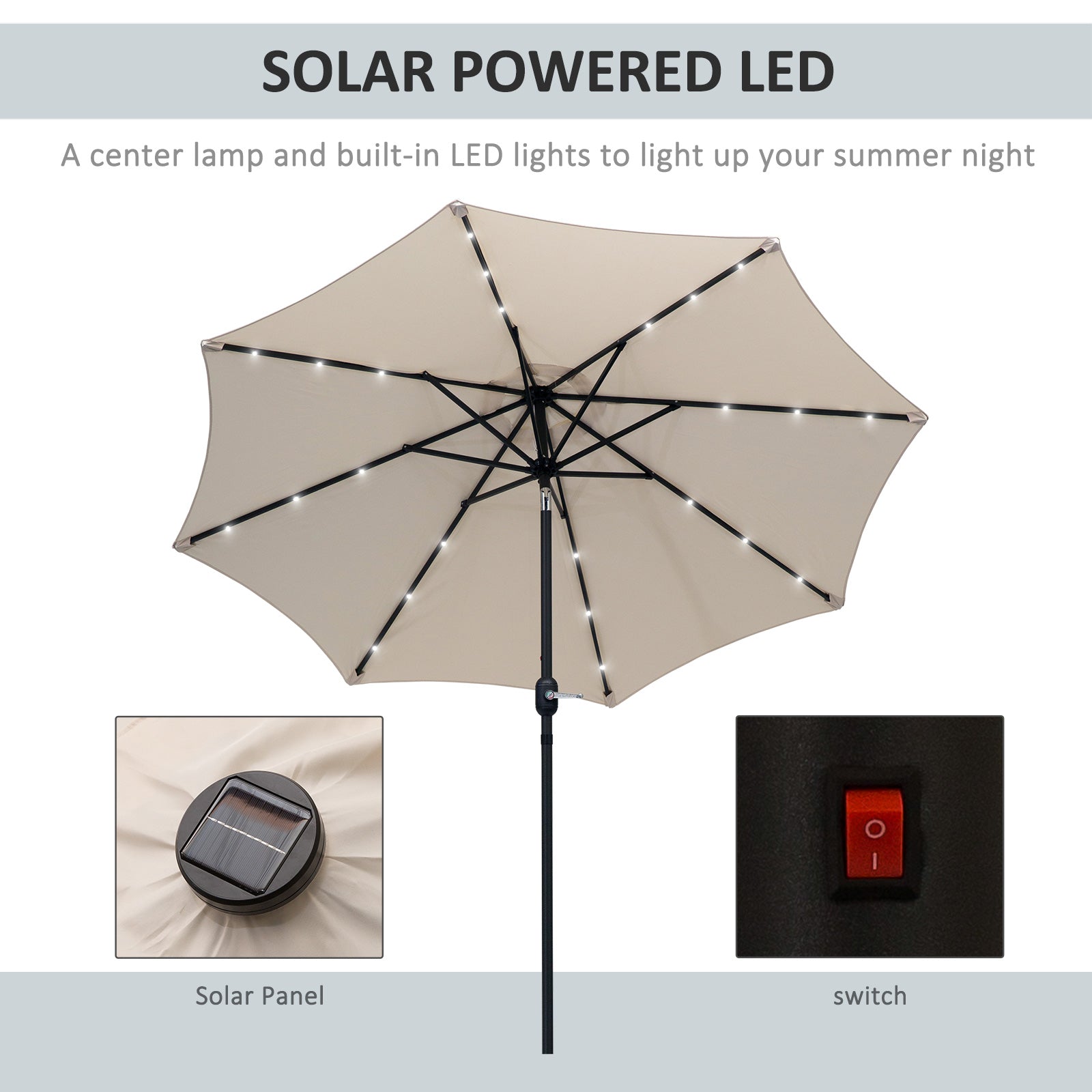 Outsunny 9ft Solar LED Patio Umbrella: Cream Outdoor Tilt Canopy with 24 Lights for Nighttime Ambiance 