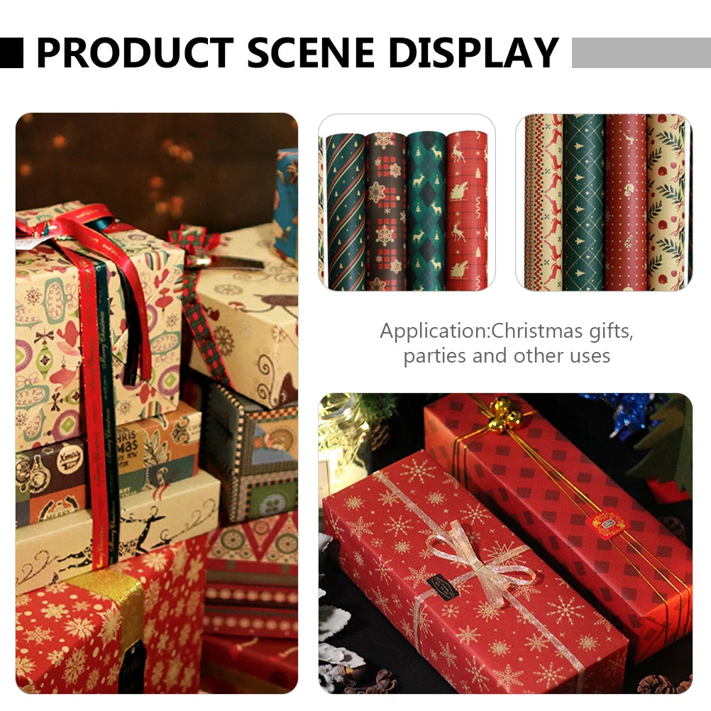 8Pcs Christmas Wrapping Paper DIY Craft Supplies Stripe Gift Yellow Kraft Xmas Present Wrapping Home Festive Party Decoration 