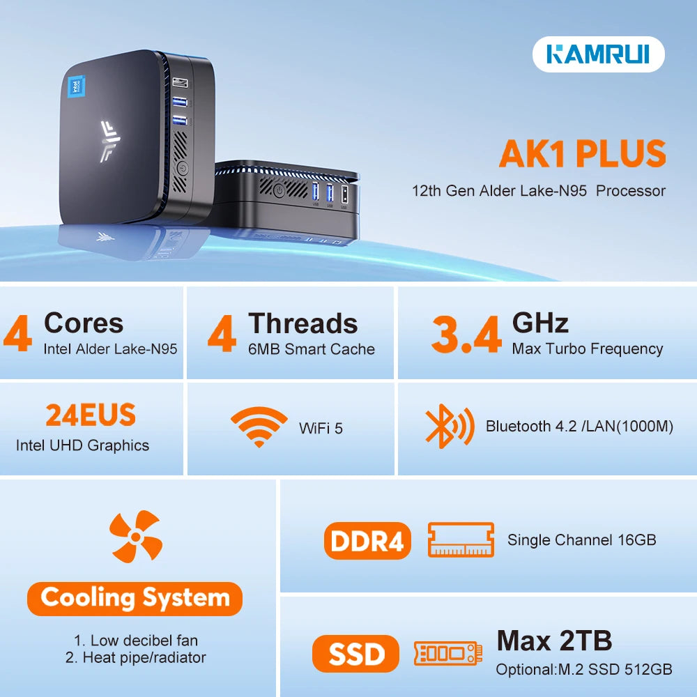 KAMRUI AK1Plus Mini PC - Intel N95/N100, 8/12/16GB DDR4, 256GB/512GB/1TB SSD, Windows 11, HDMI 4K@60Hz, WiFi 5/6, BT 4.2/5.2