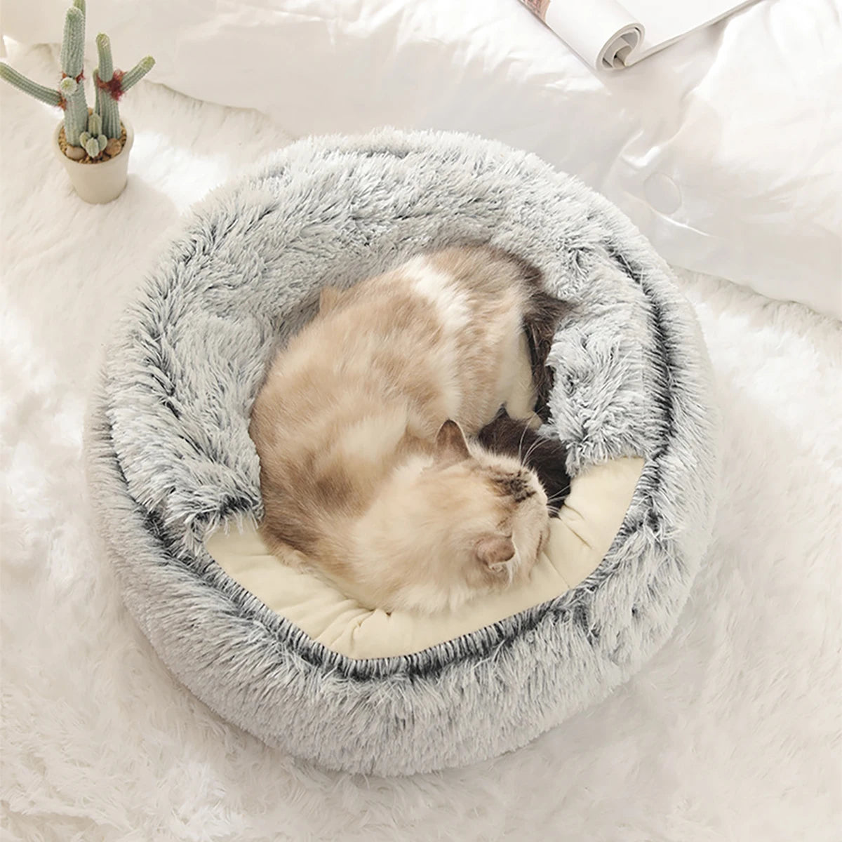 Cat Bed Round Plush Fluffy Hooded Cat Bed Cave, Cozy for Indoor Cats or Small Dog beds, Doughnut Calm Anti-nxiety Dog Bed 