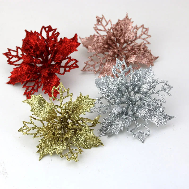 (10pcs) Artificial Christmas Tree Flower Glitter Decorations Xmas Ornaments New Year Gift 