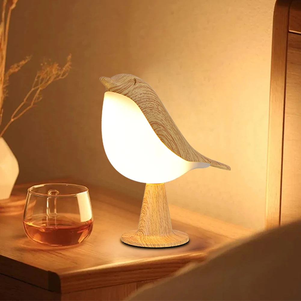 Modern Simple Magpie LED Bedside Lamp - Cordless Wooden Bird Night Light with Touch Control for Bedroom